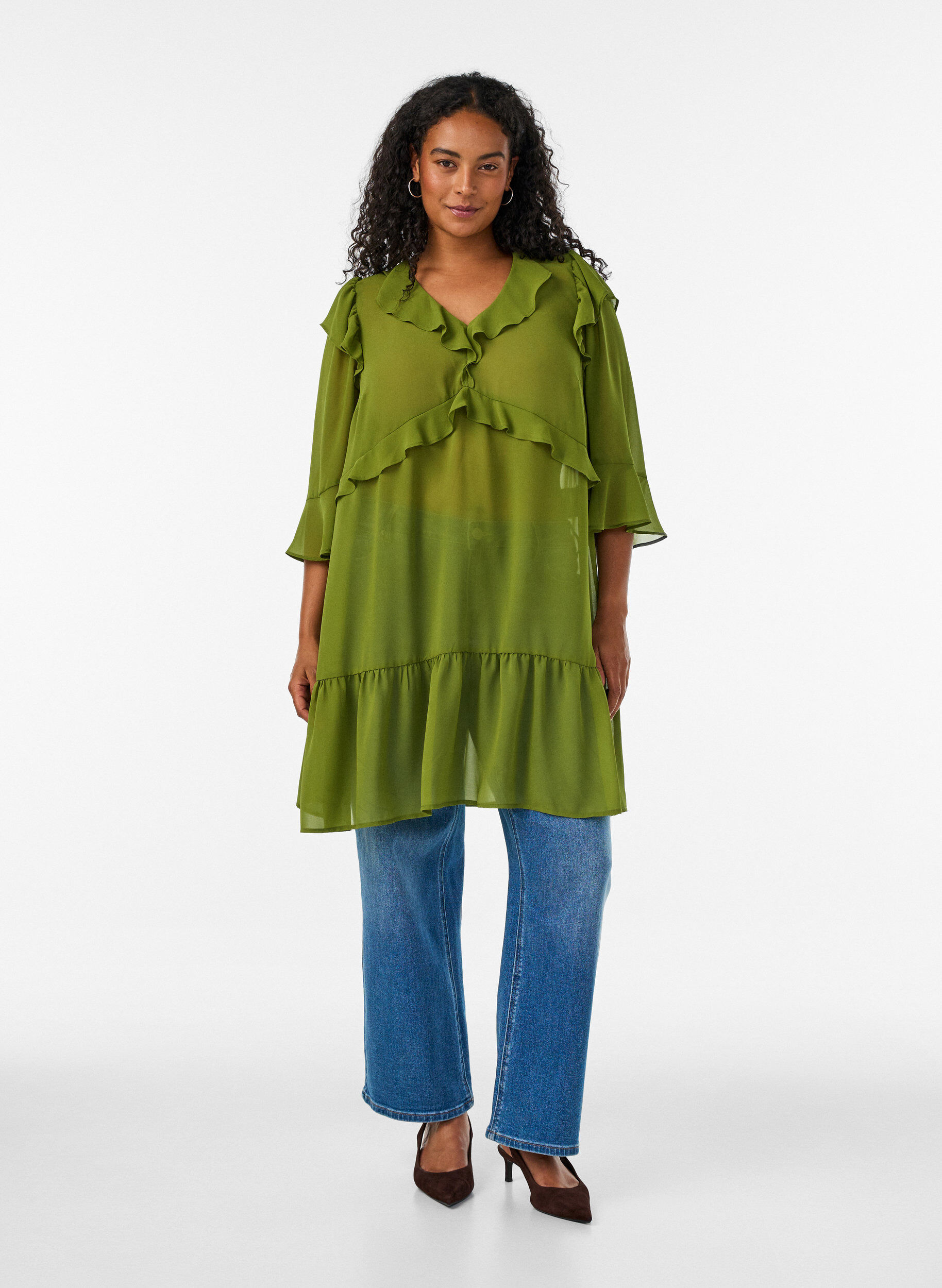 ZizzifashionLightweight dress with ruffles and a V-neck, Green, Model image number 1