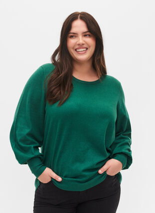 Knitted blouse with viscose and balloon sleeves, Evergreen Mel., Model image number 0
