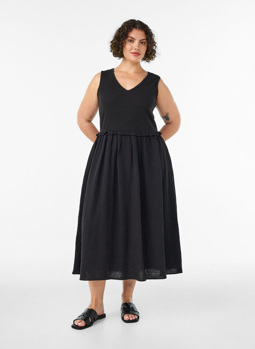 Sleeveless cotton midi dress with rib and muslin, Black, Model image number 0