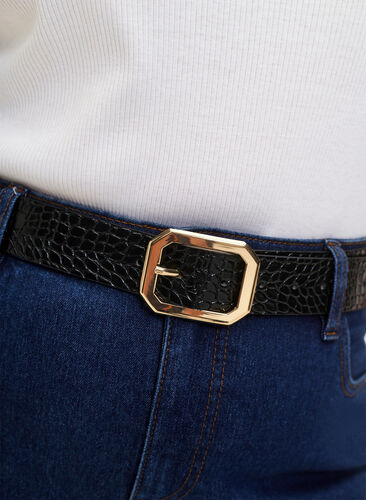 Faux leather belt with croco pattern, Black w. Gold Buckle, Model image number 1