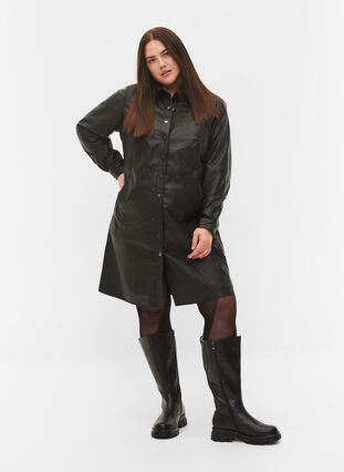 Leather dress with long sleeves and button fastening, Black, Model image number 0
