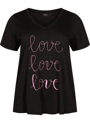 Cotton t-shirt with v-neck and print, Black W. Love, Packshot image number 0