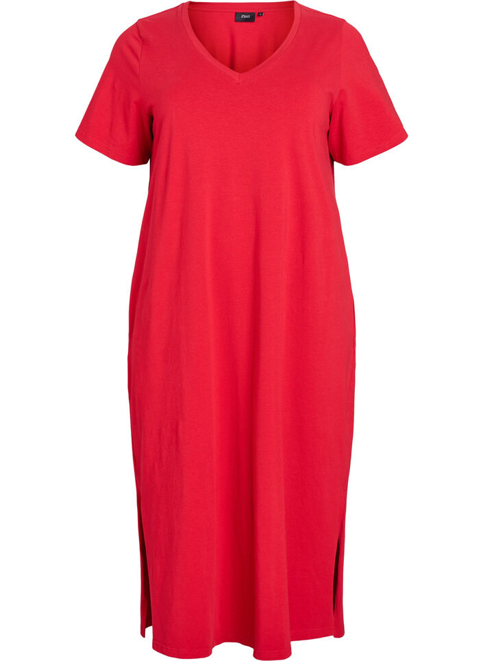 Midi T-shirt dress with a V-neck, Red, Packshot image number 0