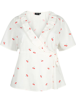 Cotton wrap blouse with floral print, B. White/Cherry, Packshot image number 0