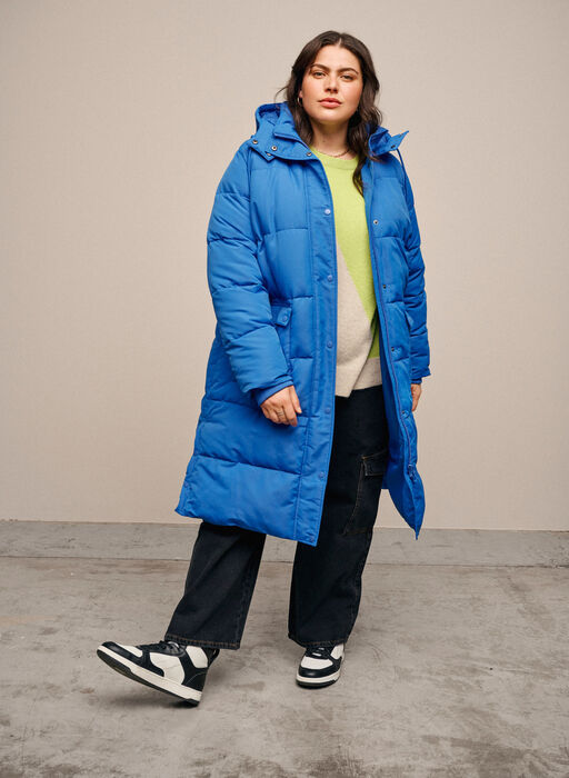 Long puffer jacket with pockets and hood, French Blue, Image image number 1