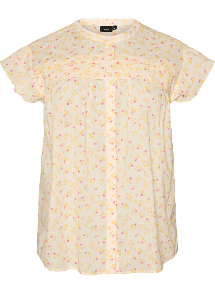 Sleeveless A-line cotton shirt blouse, Yellow, Packshot image number 0