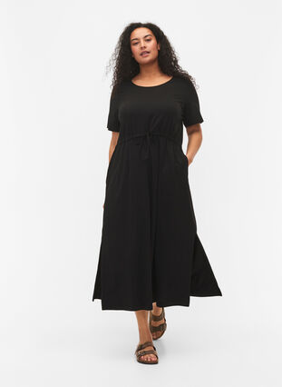 Midi dress in cotton with short sleeves - Black - Sz. 40-64 - Zizzifashion Midi dress in cotton with short sleeves - Black - Sz. 40-64 - Zizzifashion