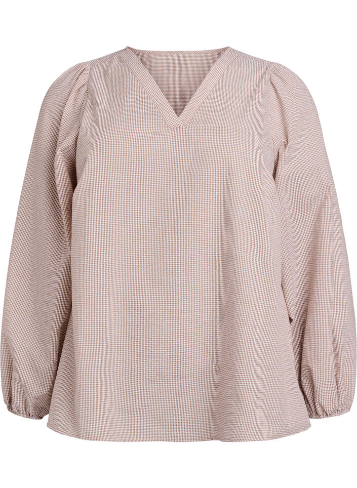 Blouse with v-neck and small checks, Beige, Packshot image number 0