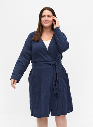 Cotton dressing gown with tie belt, Navy Blazer, Model image number 0
