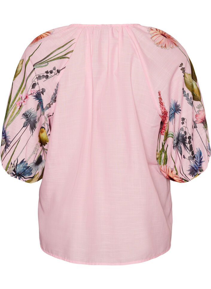 Blouse with tie detail and floral print sleeves, Pink, Packshot
