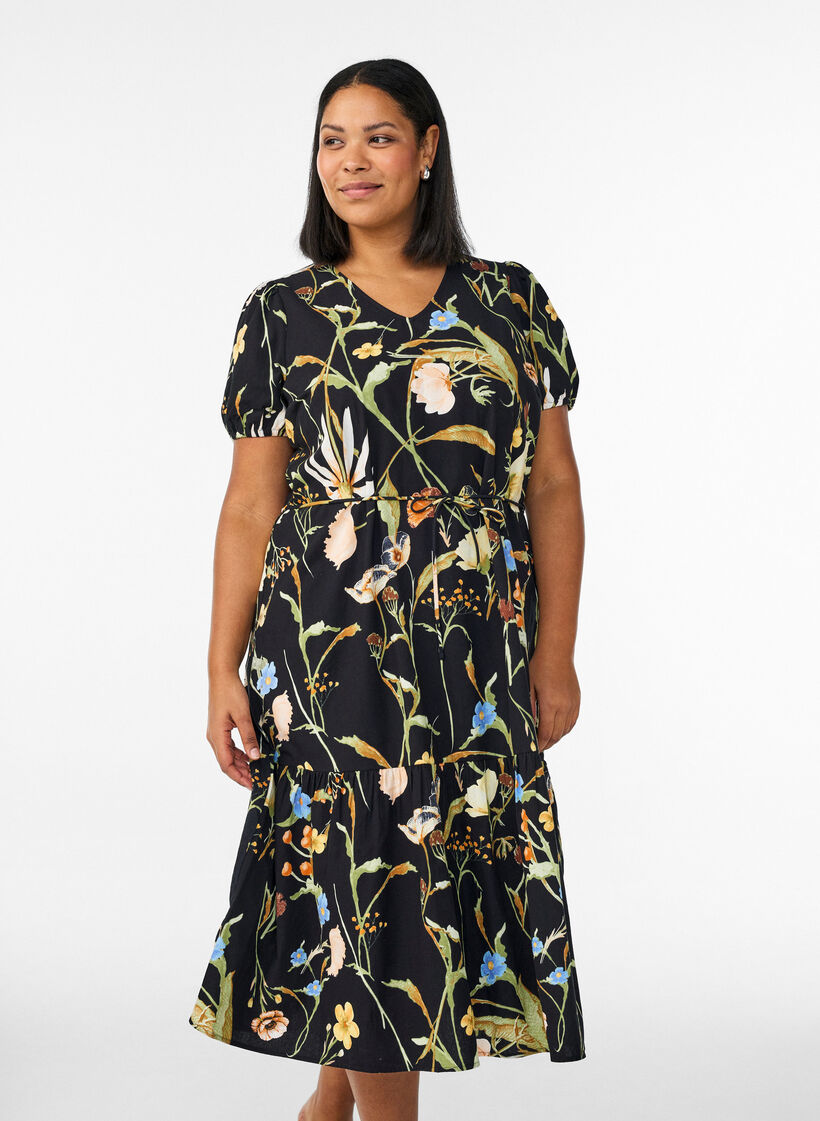 Midi dress with floral print and tie-belt, Black, Model image number 0
