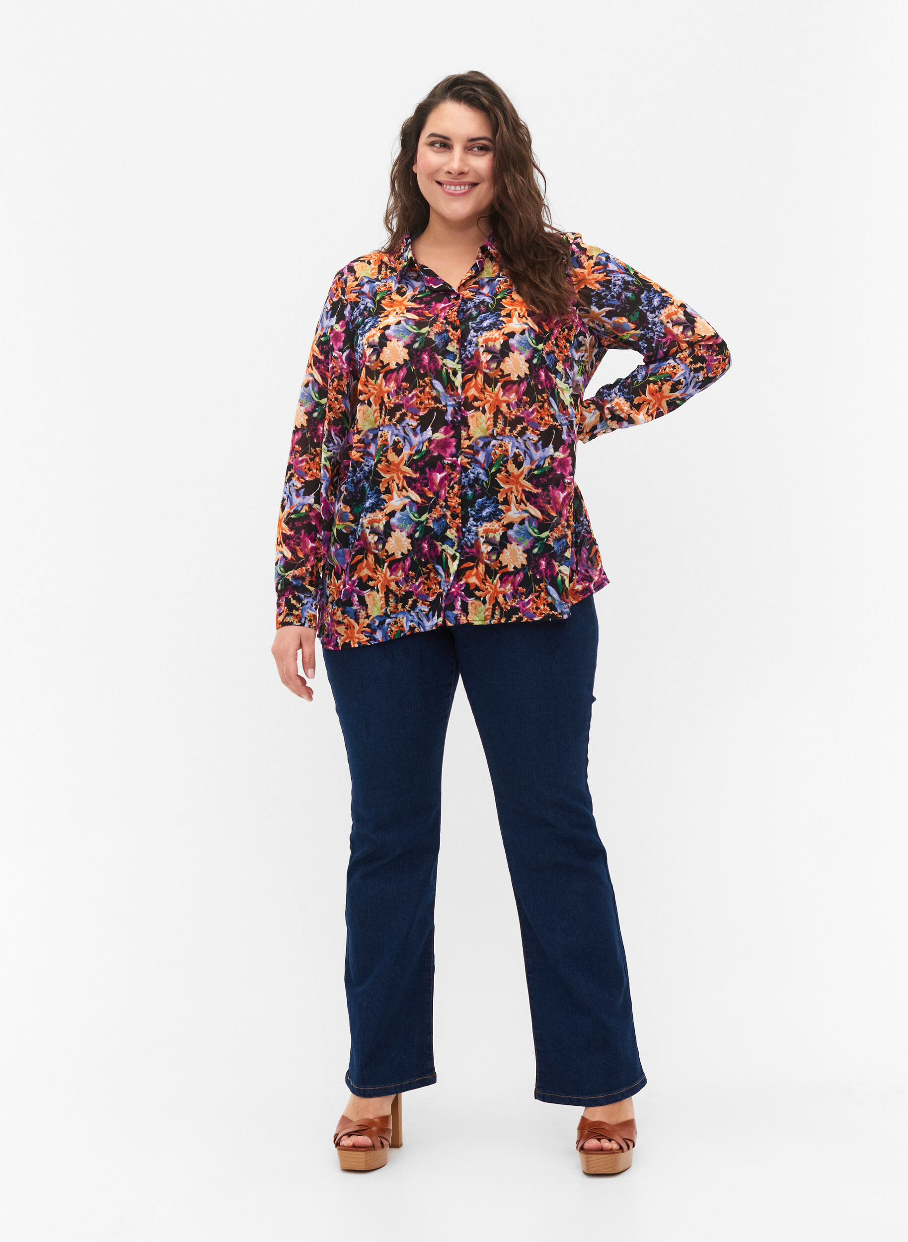 Zizzifashion FLASH - Long sleeve shirt with floral print, Orange Pink Flower , Model image number 2