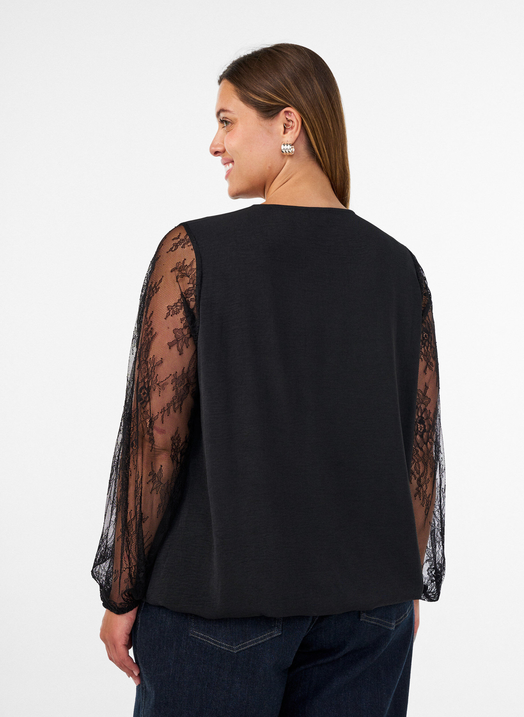 ZizzifashionBlouse with lace sleeves and balloon shape, Black, Model image number 2