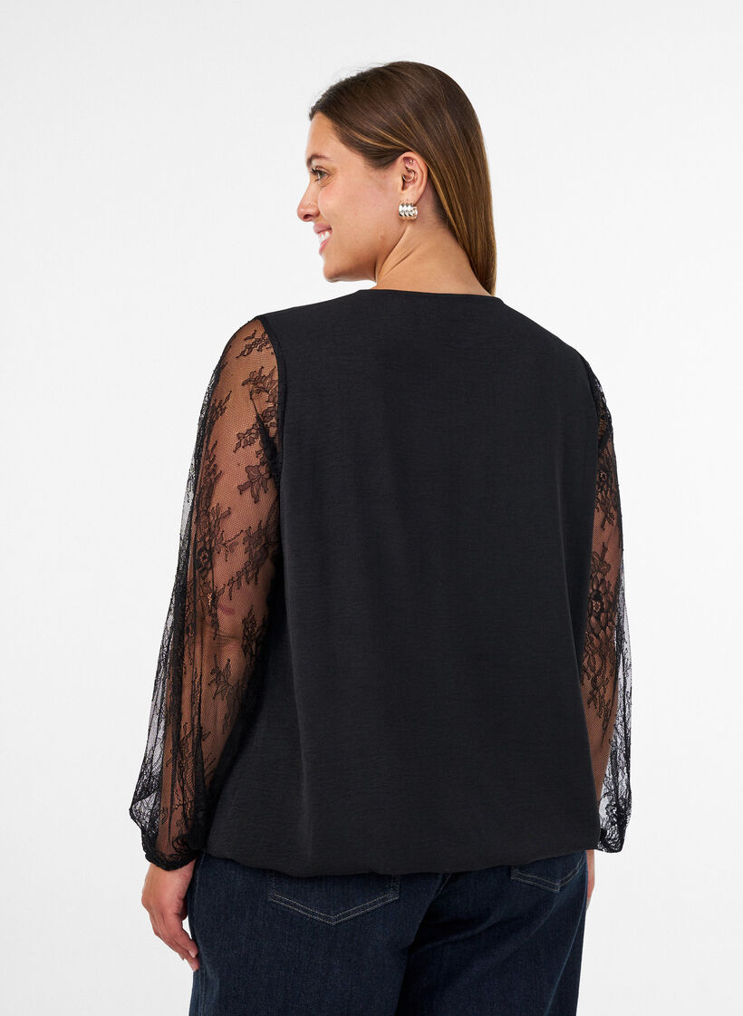 Blouse with lace sleeves and balloon shape, Black, Model image number 2