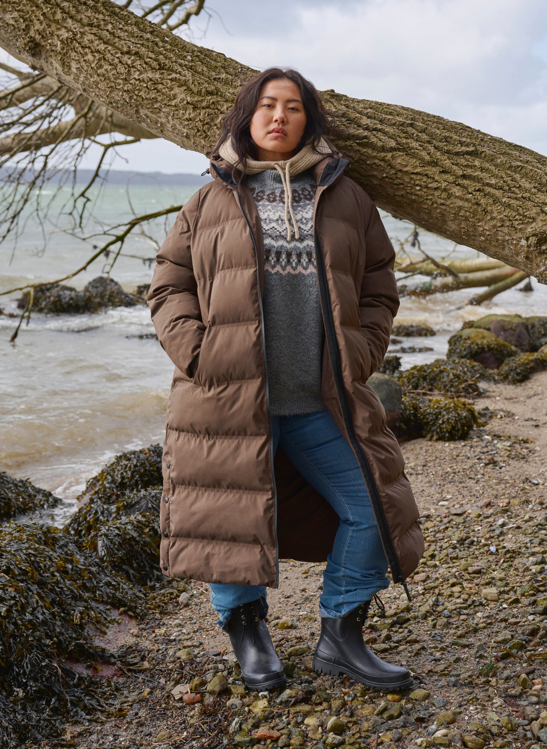 Zizzifashion Long puffer winter coat with hood, Brown, Image image number 0