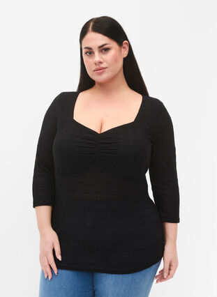 Tight-fitting blouse with ruffled detail, Black, Model image number 0