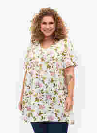 FLASH - Tunic with v neck and print, Off White Flower, Model