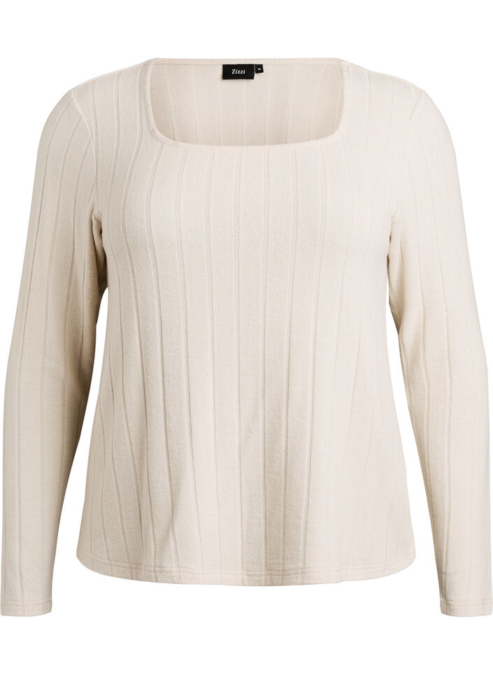 Jersey blouse with a square neck and ribbed texture, Beige, Packshot image number 0