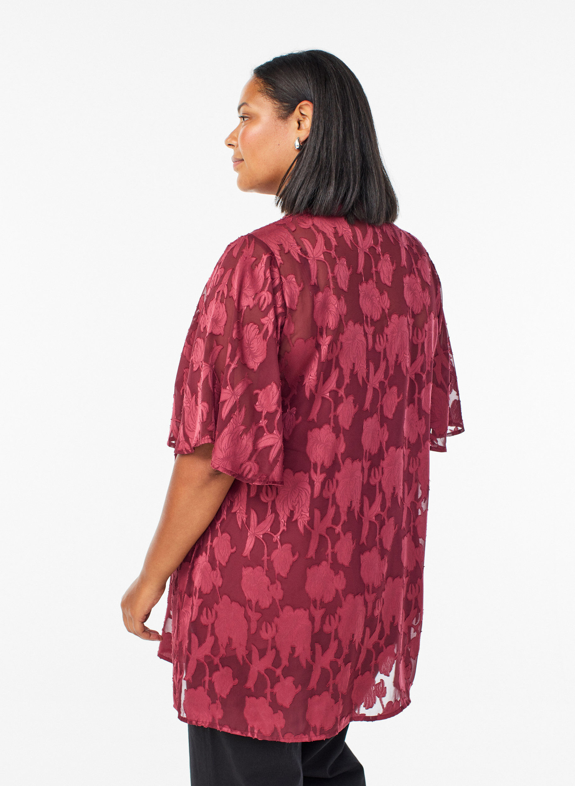 Zizzifashion Short A-line dress with a floral print, Dark Bordeaux, Model image number 2