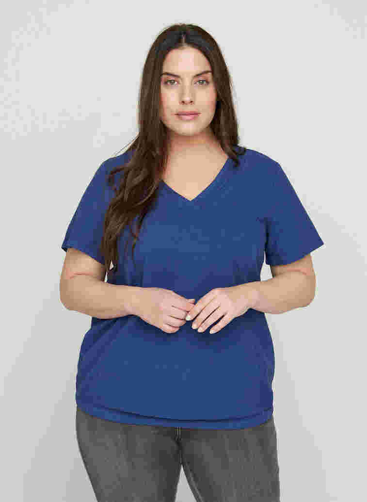 Short-sleeved cotton blouse with a v-neck, Twilight Blue, Model image number 0