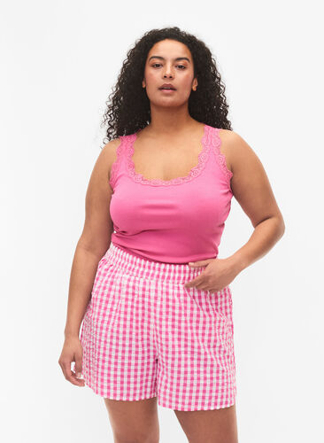 Checked cotton pyjama shorts, Pink Check, Model image number 0