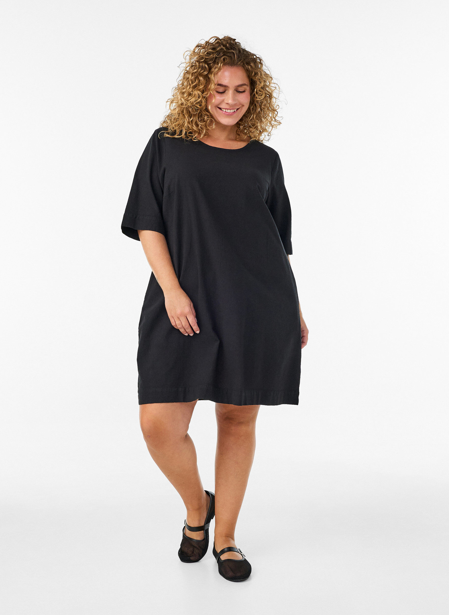 ZizzifashionCotton dress with short sleeves and pockets, Black, Model image number 1
