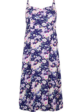 Floral viscose strap dress with smocking, Blue Flower, Packshot image number 0