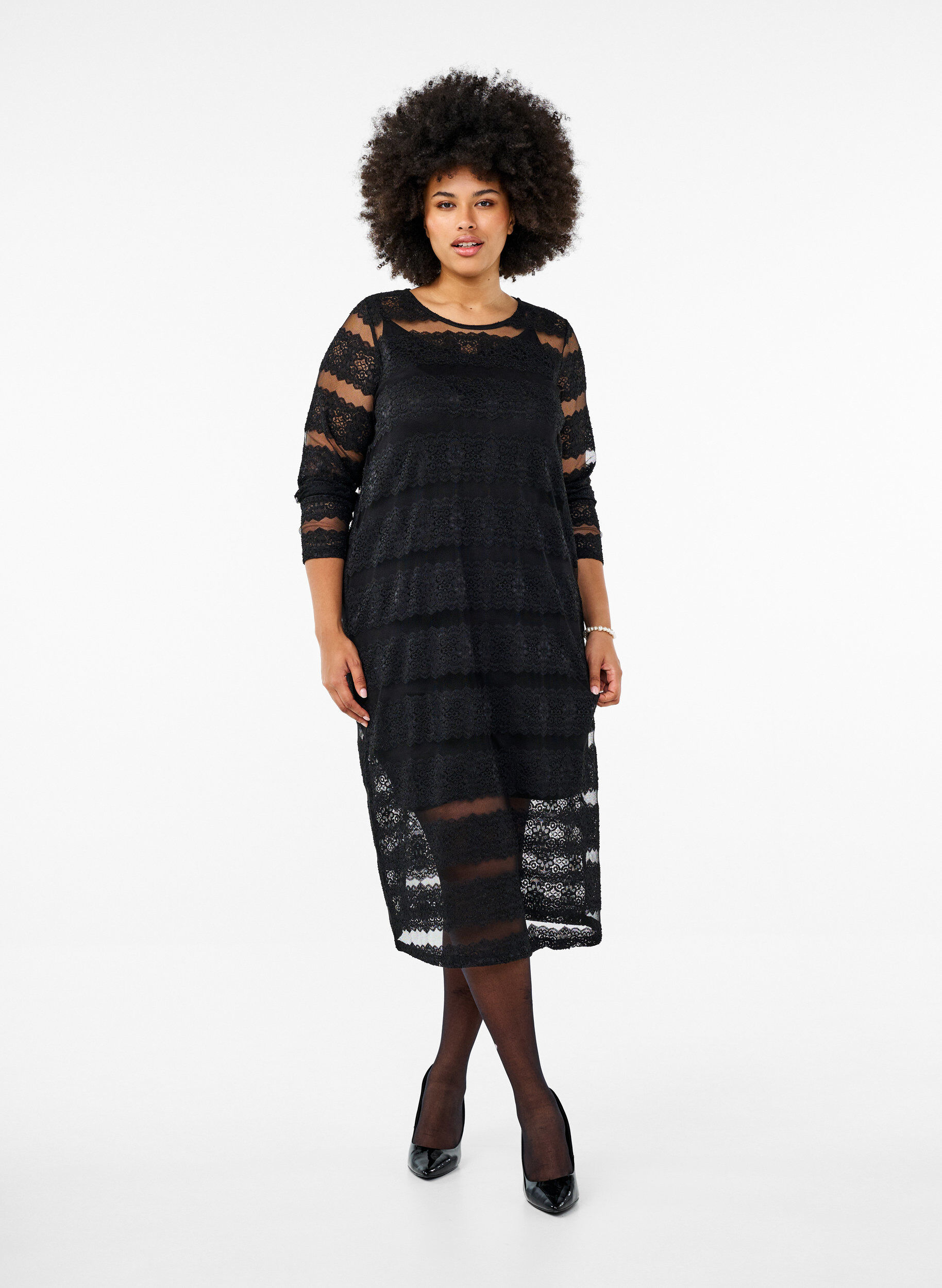 Zizzifashion Midi dress with lace and sheer mesh, Black, Model image number 0