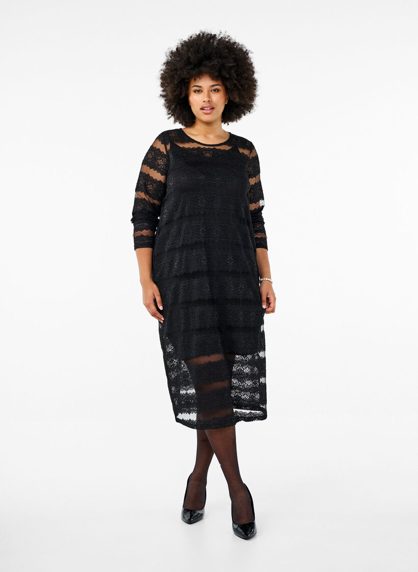 Midi dress with lace and sheer mesh, Black, Model image number 0