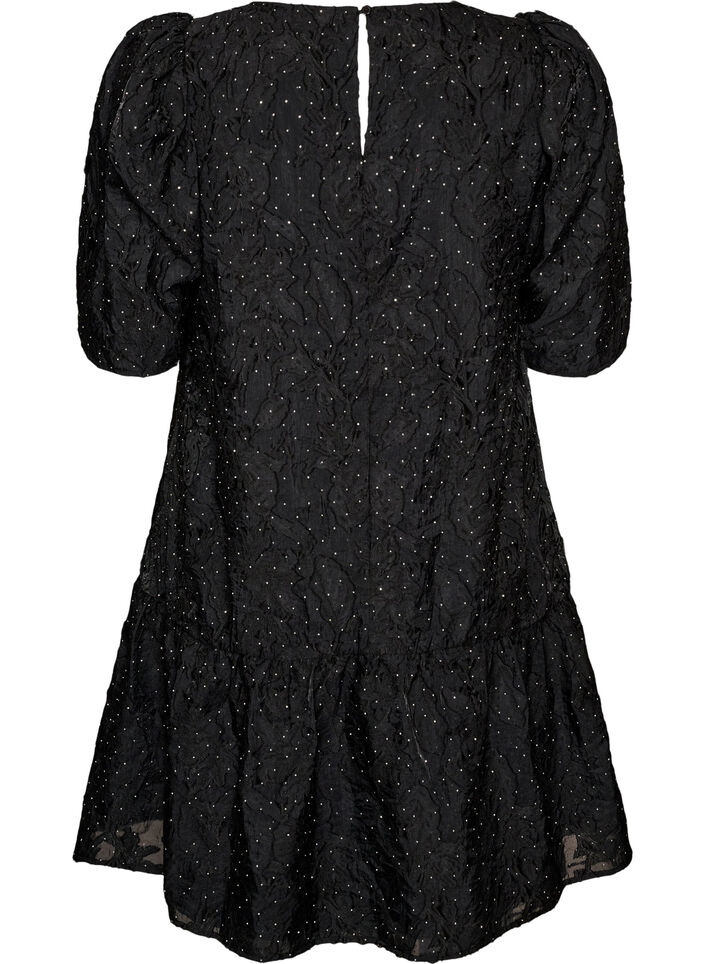 Jacquard dress with sparkly details and puff sleeves, Black, Packshot image number 1