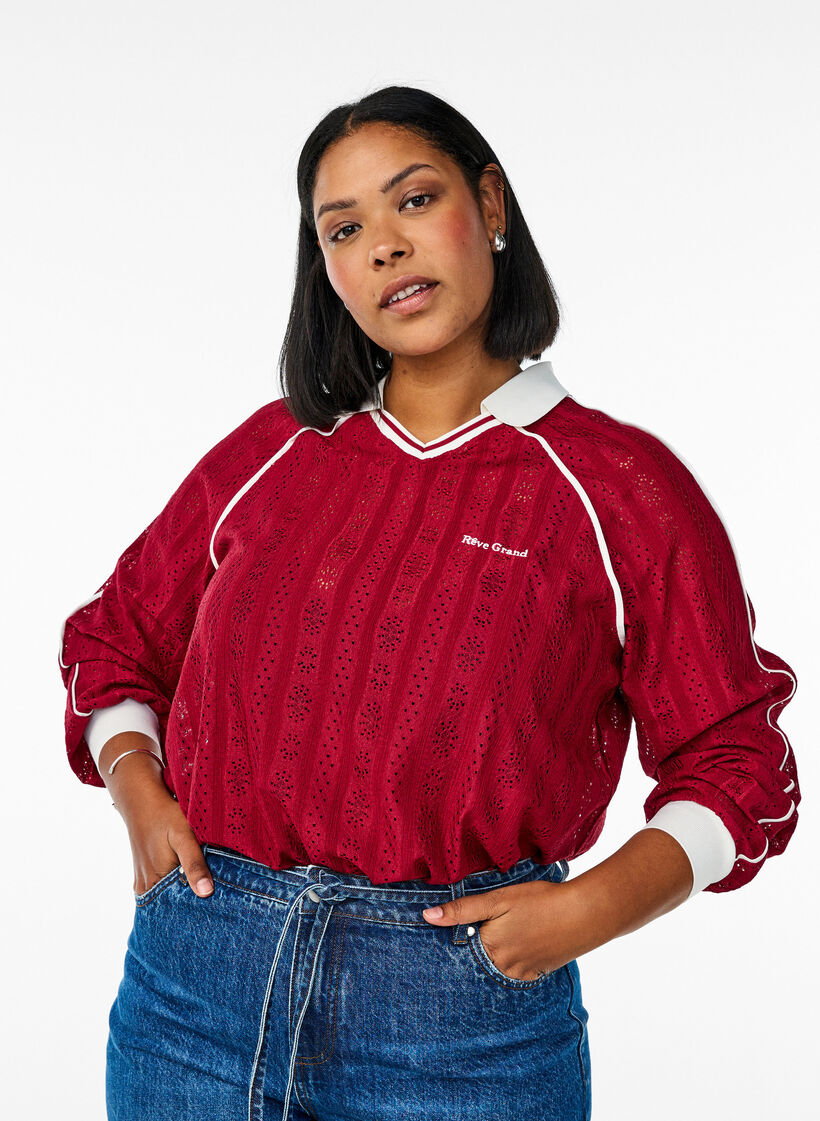 Textured jersey blouse with contrast details, Red, Model image number 0
