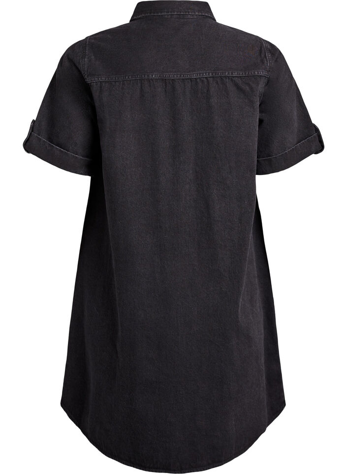 Denim dress with short sleeves and buttons, Black, Packshot image number 1