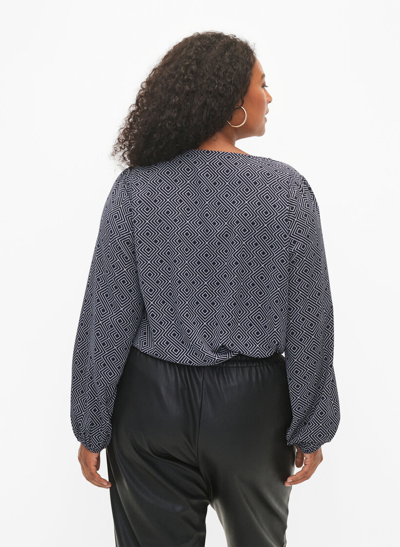 Shirt blouse with a V-neck and print, Navy Graphic AOP, Model image number 1