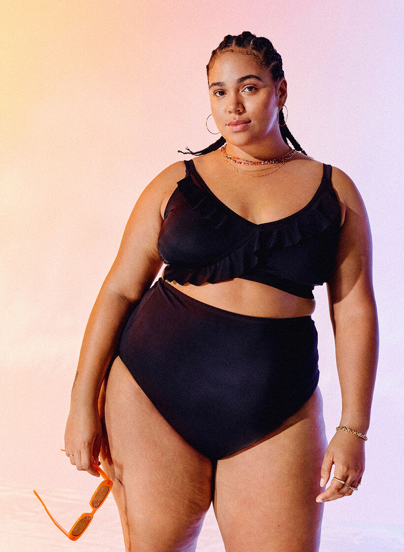 Bikini top with ruffles and removable pads, Black, Image image number 0