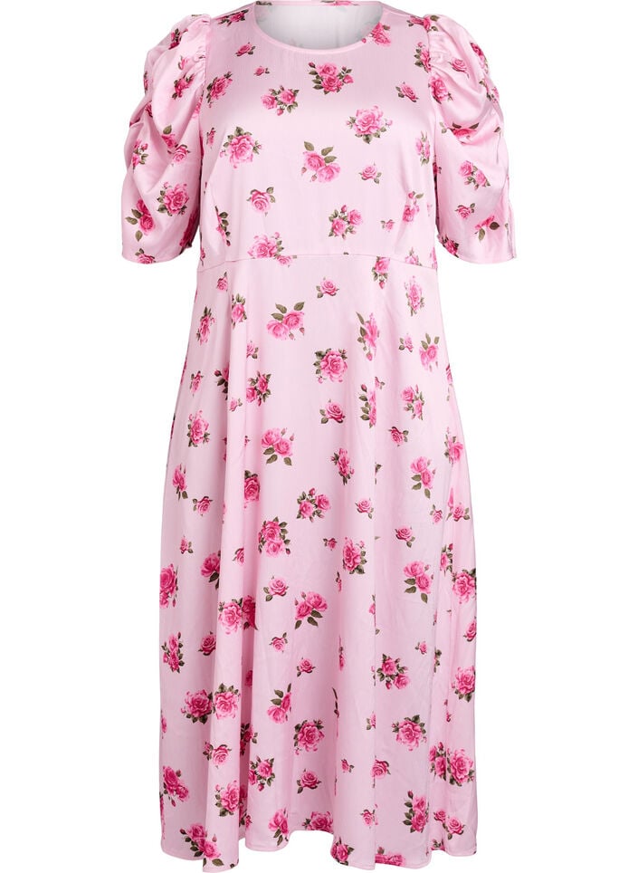 Floral midi dress with puff sleeves, Pink, Packshot image number 0