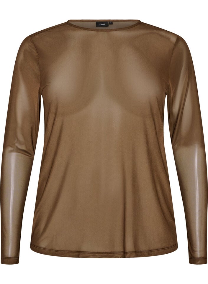 Mesh blouse with long sleeves, Brown, Packshot image number 0