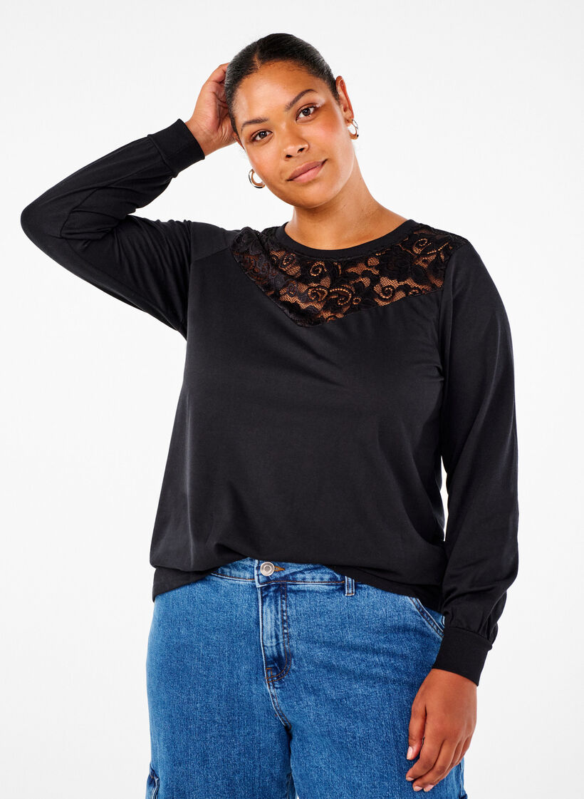 Sweatshirt with lace details, Black, Model image number 0
