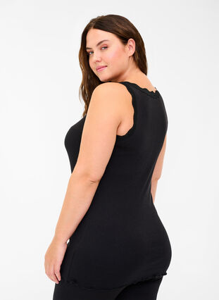 Ribbed tank top with lace and buttons, Black, Model image number 1