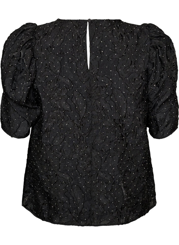 Jacquard blouse with sparkly details and puff sleeves, Black, Packshot image number 1