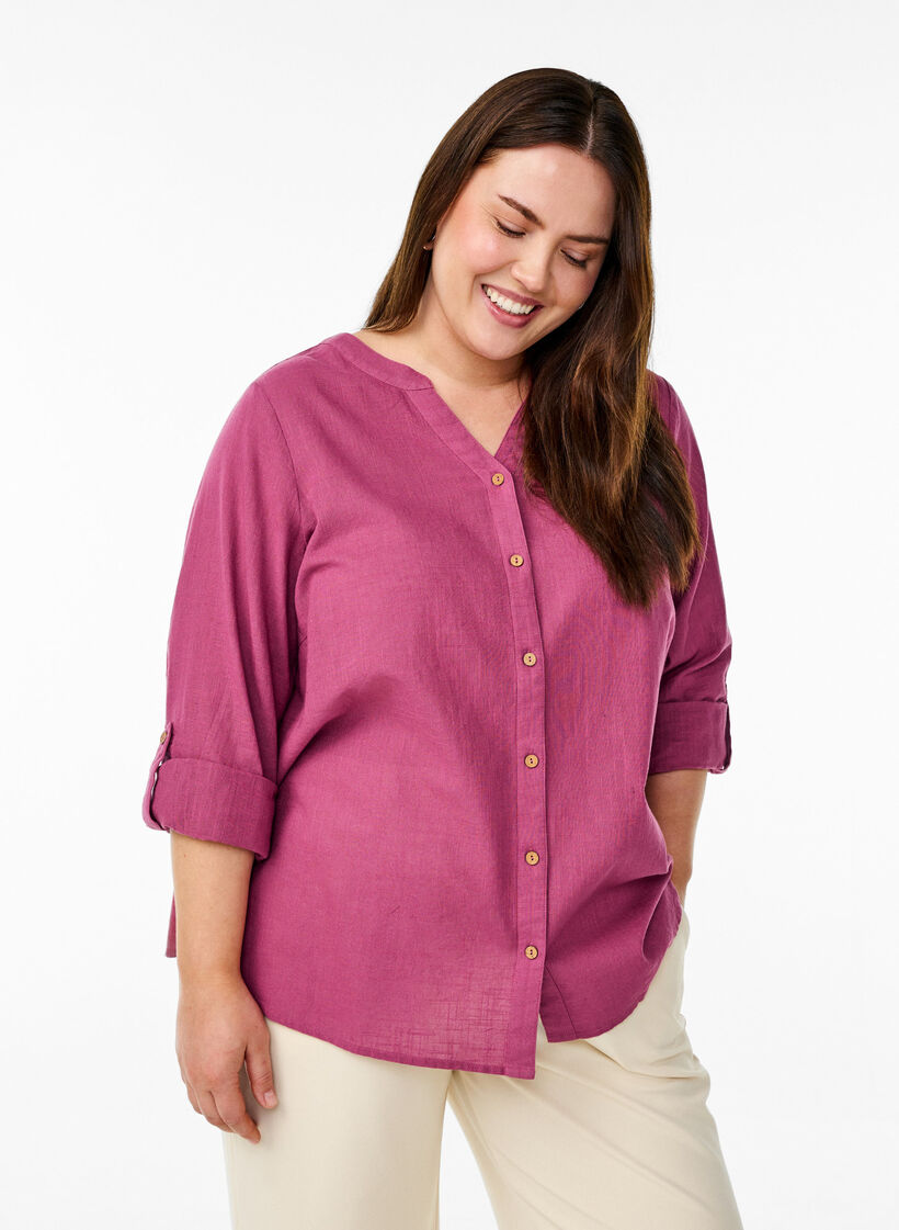 Cotton shirt blouse with a v-neck, Red, Model image number 0