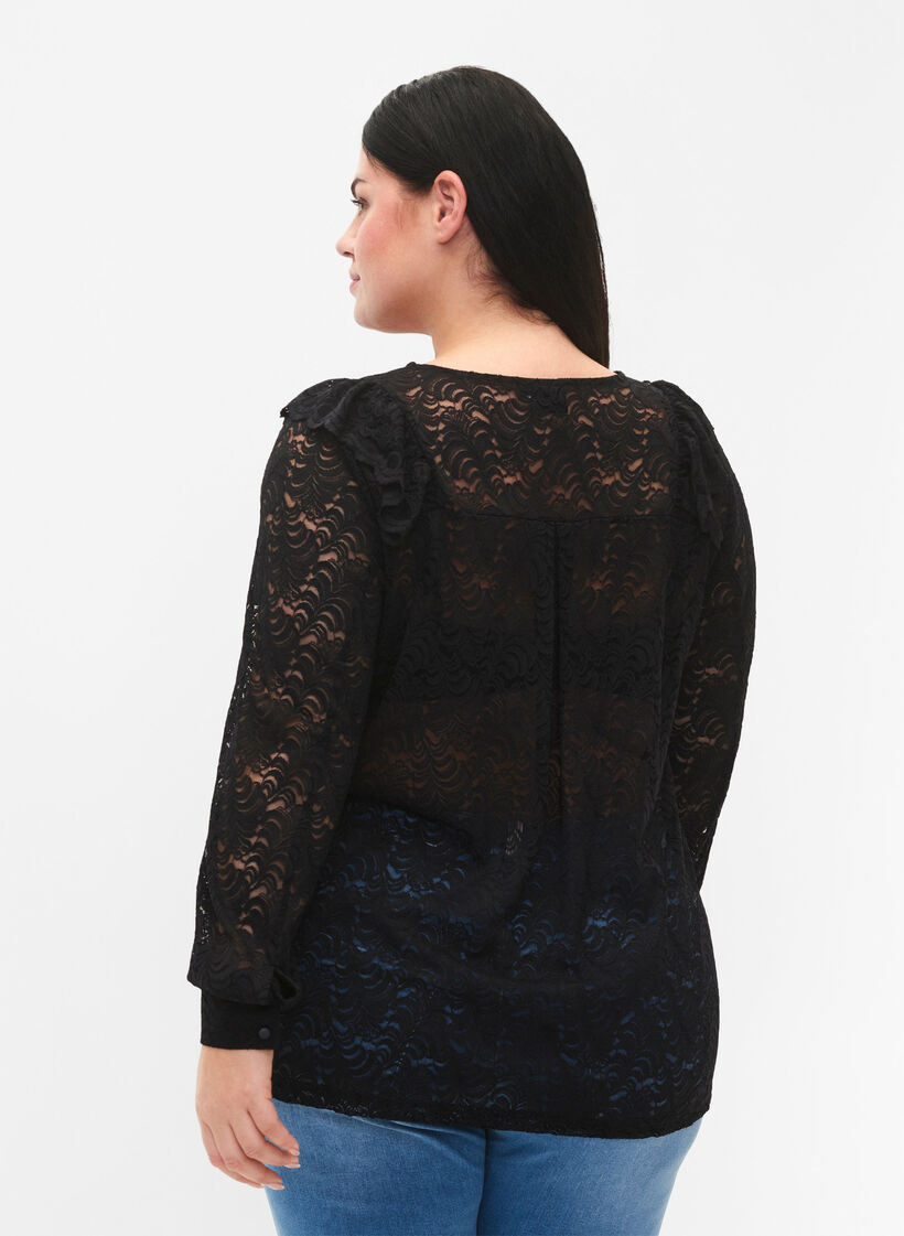 Long-sleeved lace blouse, Black, Model image number 1
