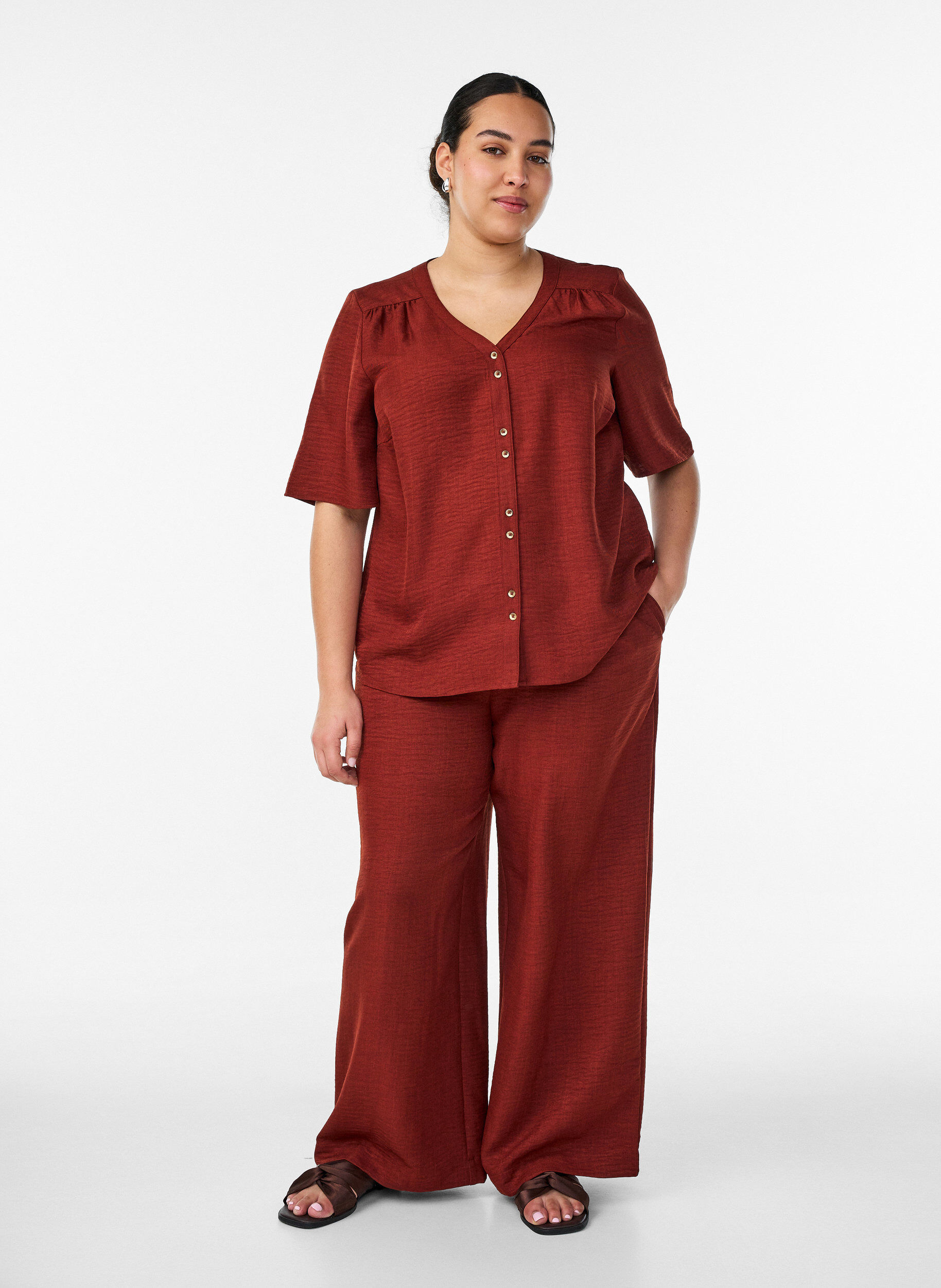 ZizzifashionV-neck shirt blouse with short sleeves, Red, Model image number 1