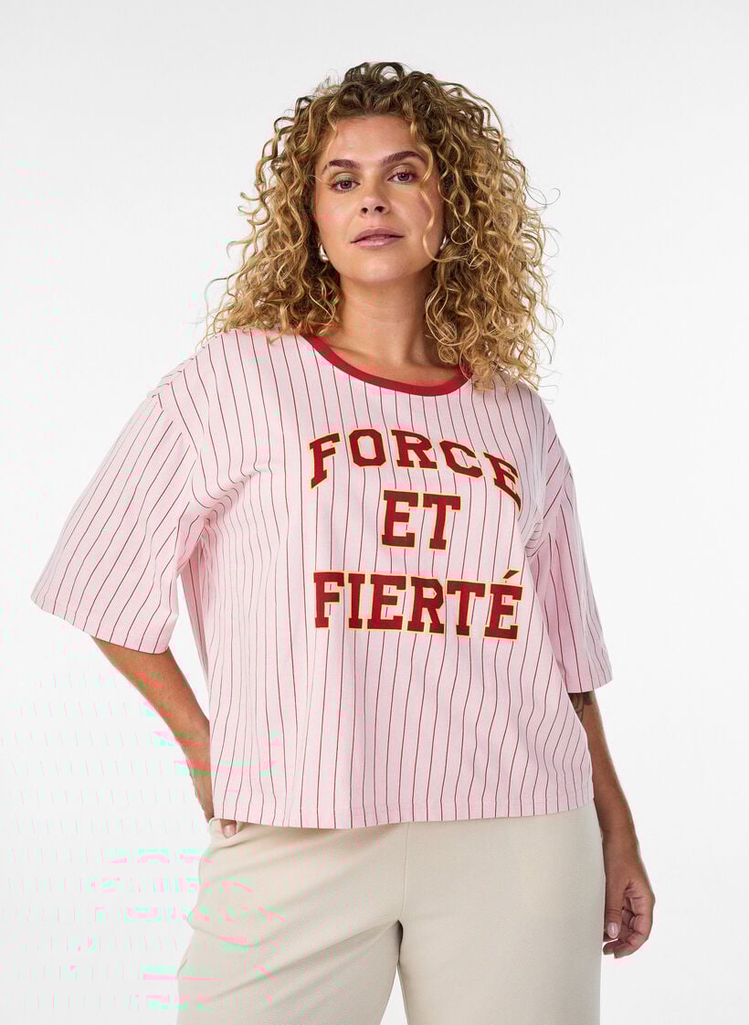 Boxy T-shirt with stripes and statement print, Rose, Model image number 0