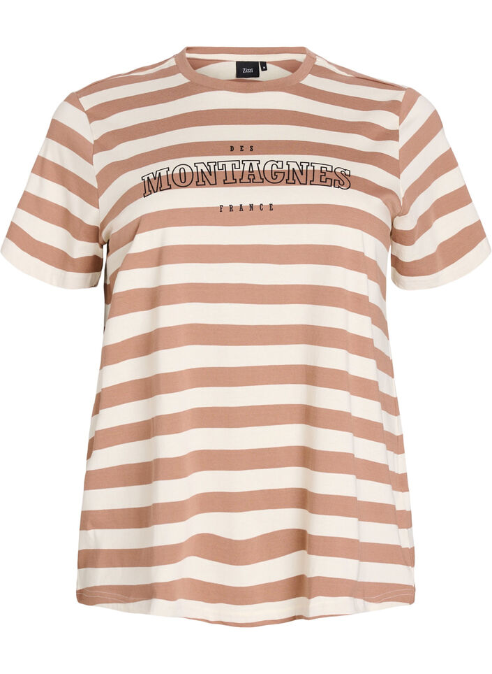 Organic cotton T-shirt with stripes and text, Brown, Packshot image number 0