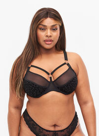 Patterned bra with mesh and thong, Black, Model