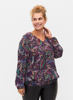 Paisley printed blouse with long sleeves in viscose, Multi Paisley, Model image number 0