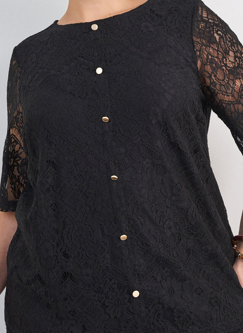 Lace blouse with decorative buttons, Black, Model image number 3