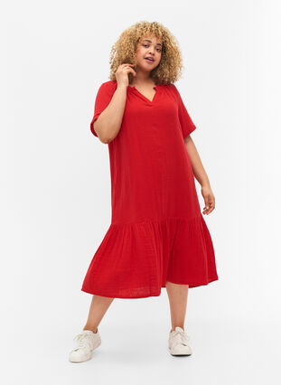 Waist dress with short sleeves in cotton, Barbados Cherry, Model image number 2