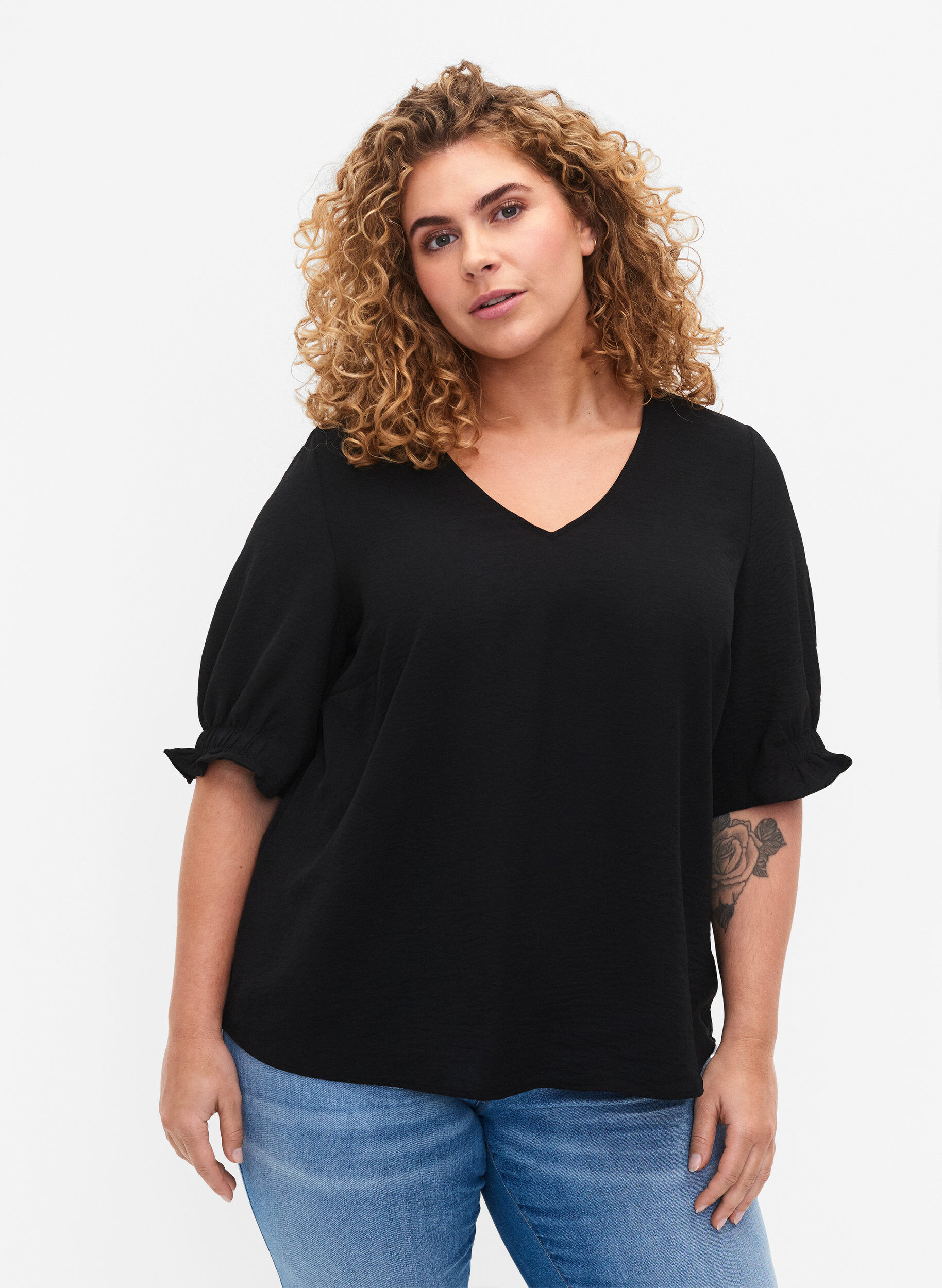 Zizzifashion Blouse with v-neck , Black, Model image number 0