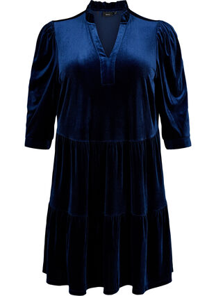 Velour dress with ruffle collar and 3/4 sleeves, Navy Blazer, Packshot image number 0